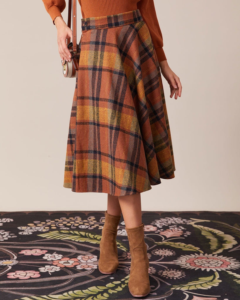 The Brown Plaid Midi Skirt Brown Two-Piece Outfits - RIHOAS