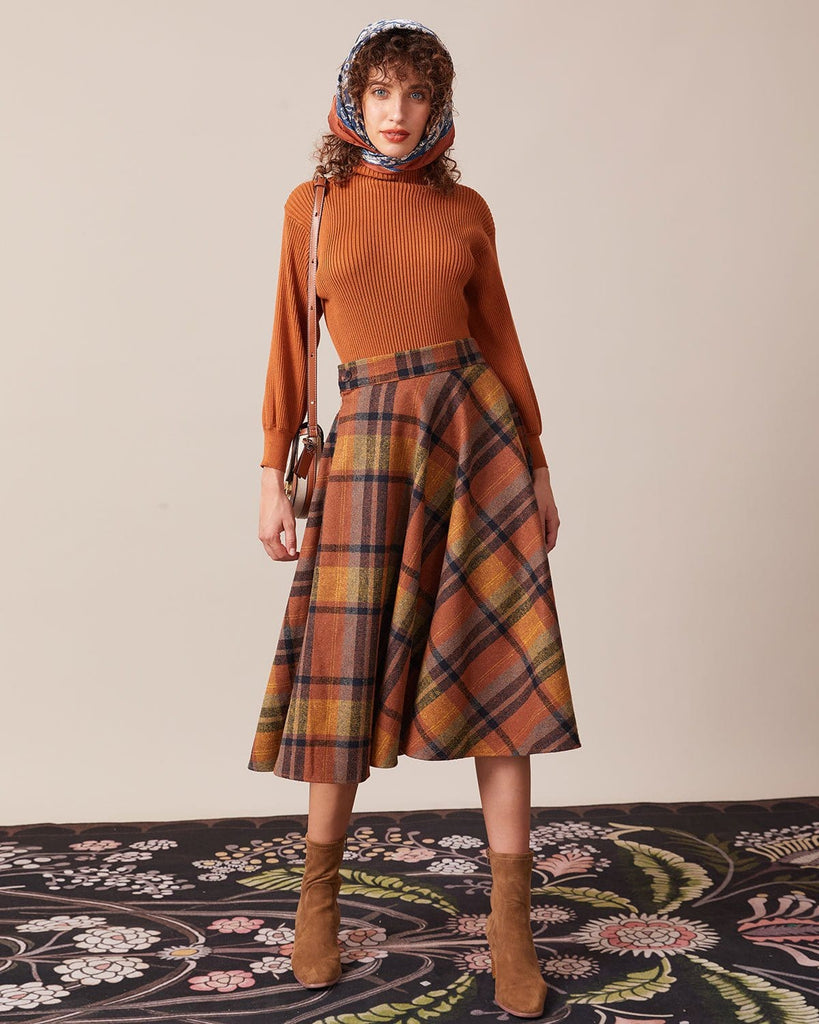 The Brown Plaid Midi Skirt Two-Piece Outfits - RIHOAS
