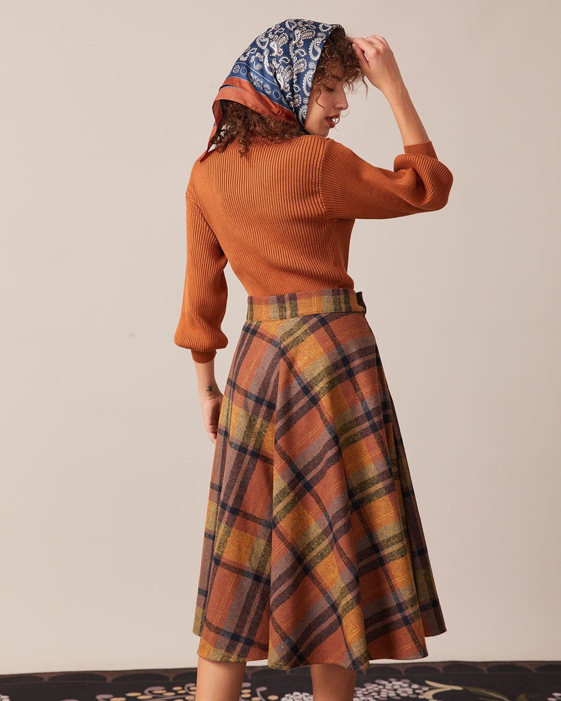 The Brown Plaid Midi Skirt Two-Piece Outfits - RIHOAS