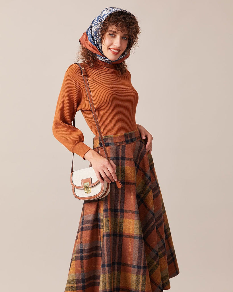 The Brown Plaid Midi Skirt Two-Piece Outfits - RIHOAS