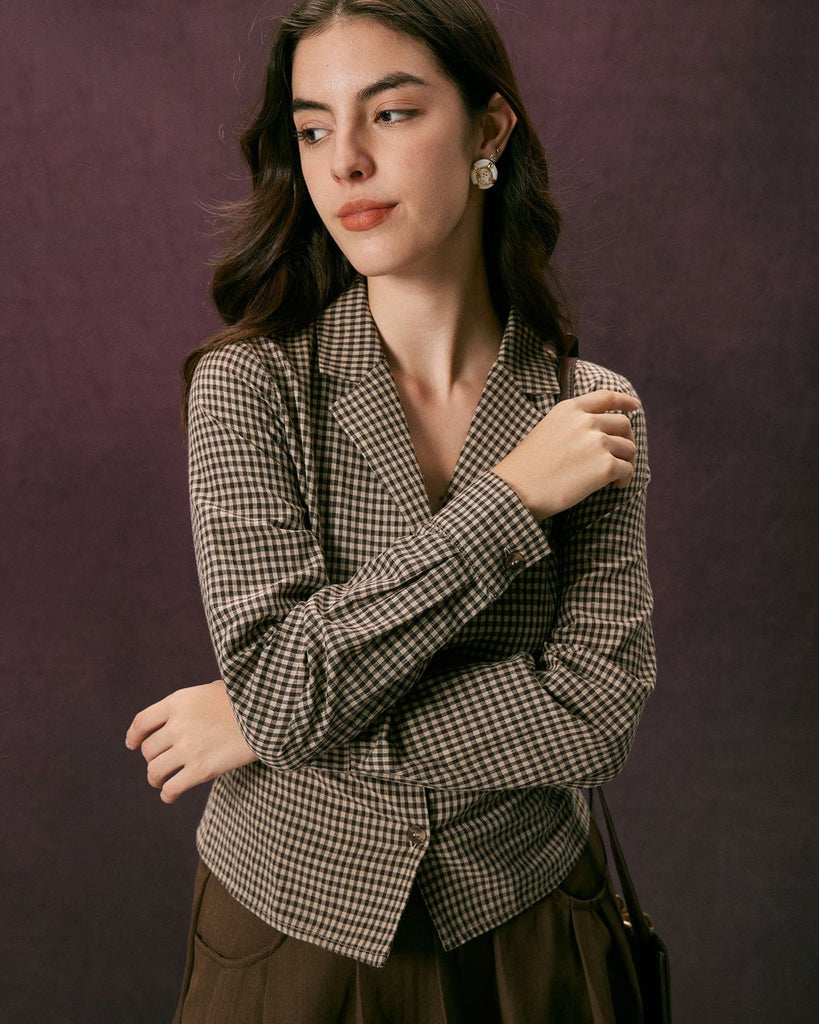 The Brown Plaid Tie Back Shirt Tops - RIHOAS