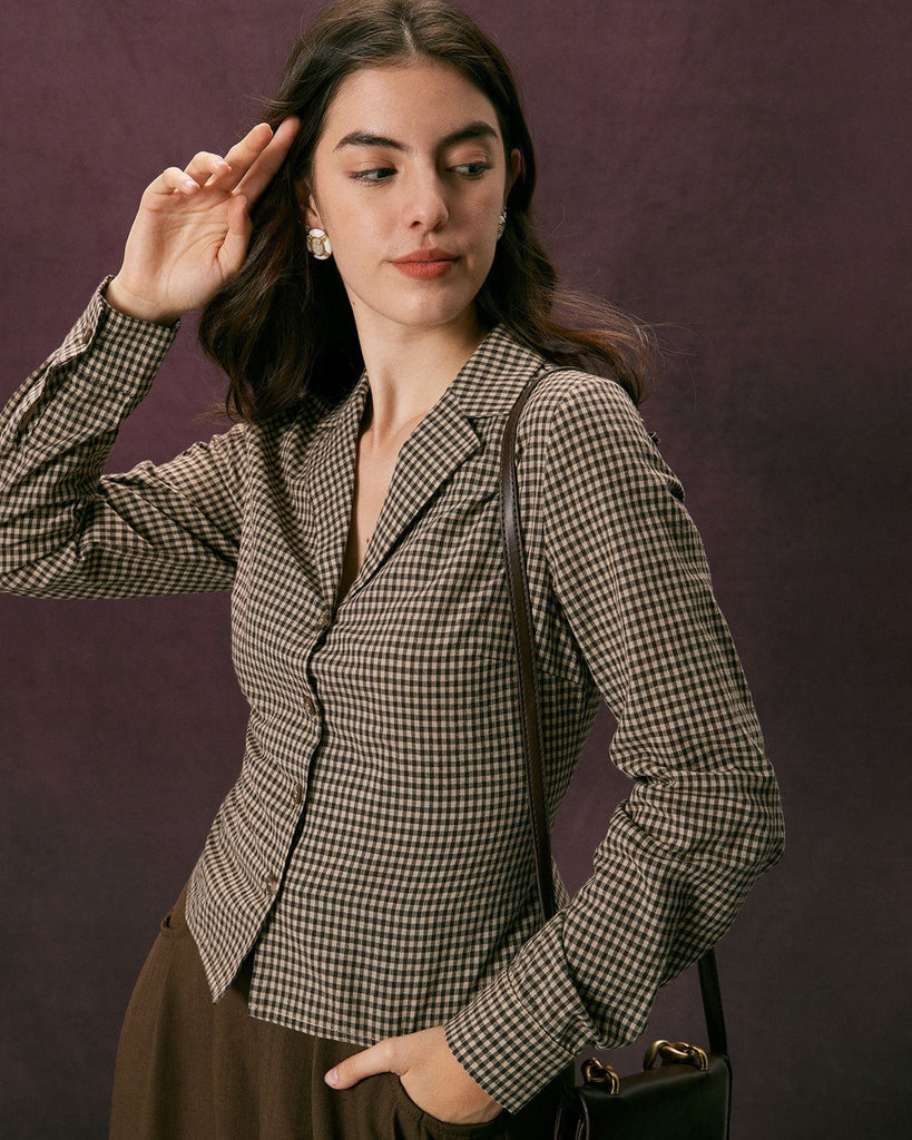The Brown Plaid Tie Back Shirt Tops - RIHOAS