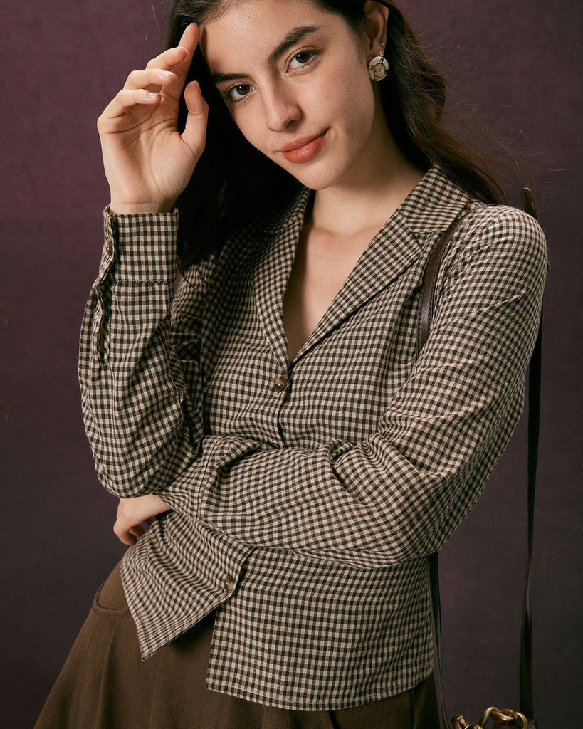 The Brown Plaid Tie Back Shirt Tops - RIHOAS