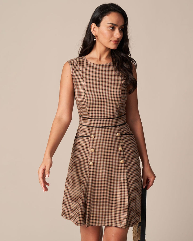 The Brown Round Neck Plaid Mini Dress Dresses - RIHOAS