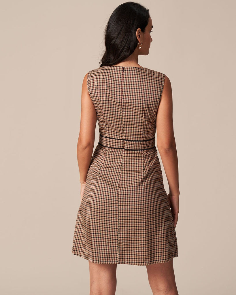 The Brown Round Neck Plaid Mini Dress Dresses - RIHOAS