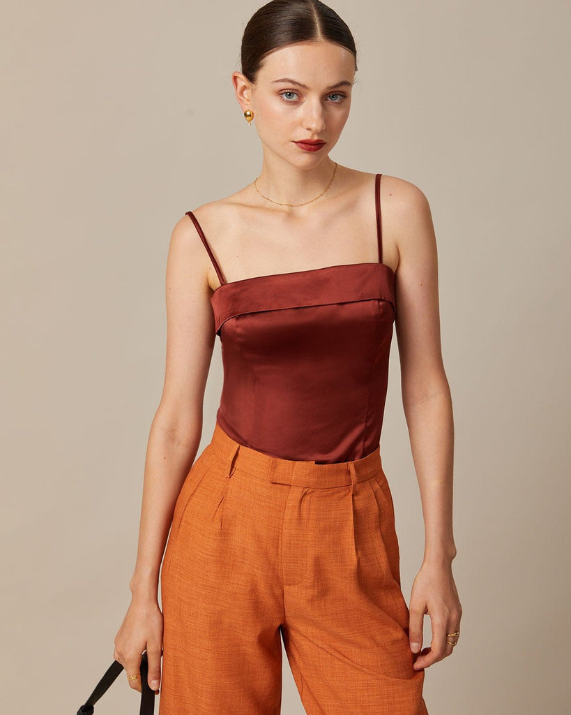 The Brown Satin Solid Cami Top Brown Tops - RIHOAS