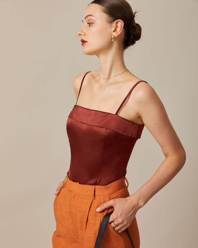 The Brown Satin Solid Cami Top Tops - RIHOAS