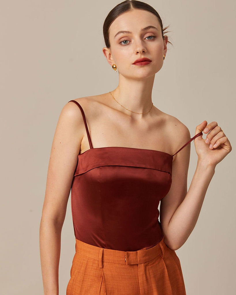 The Brown Satin Solid Cami Top Tops - RIHOAS