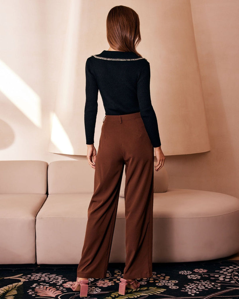 The Brown Solid Wide Leg Pants Bottoms - RIHOAS