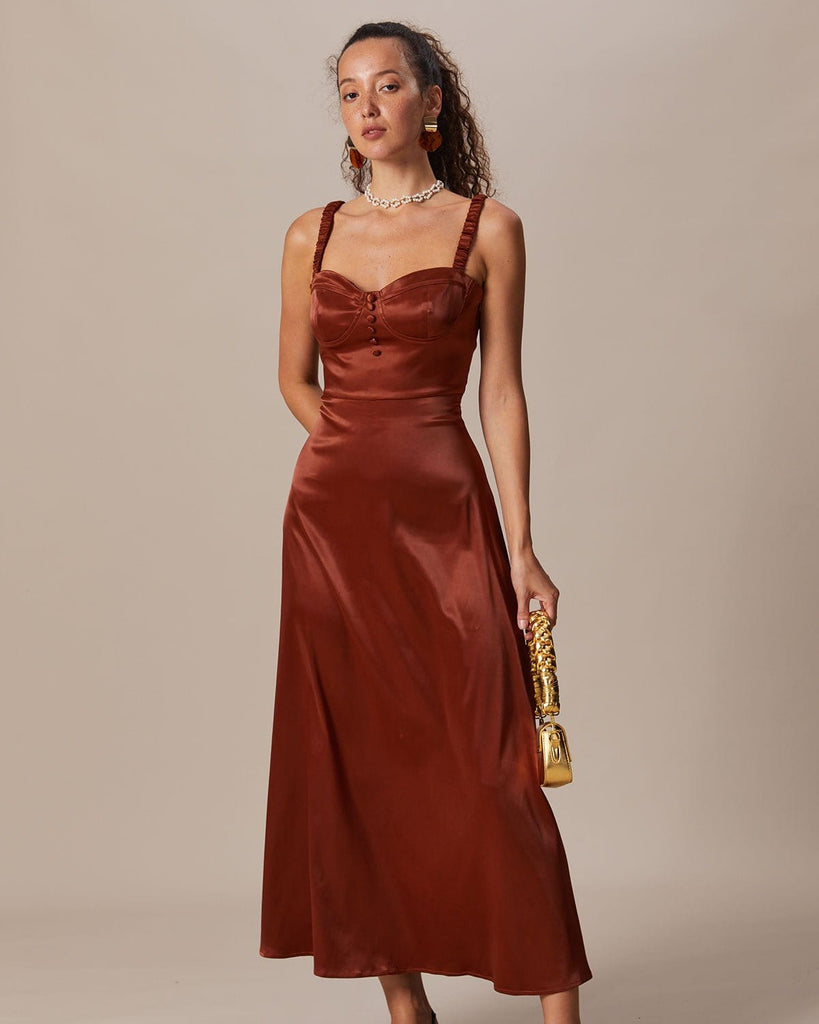 The Brown Sweetheart Neck Ruched Maxi Dress Brown Dresses - RIHOAS