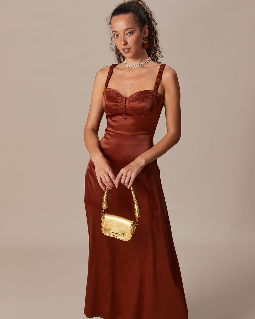 The Brown Sweetheart Neck Ruched Maxi Dress Dresses - RIHOAS