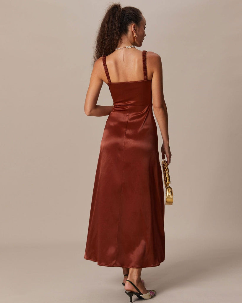 The Brown Sweetheart Neck Ruched Maxi Dress Dresses - RIHOAS
