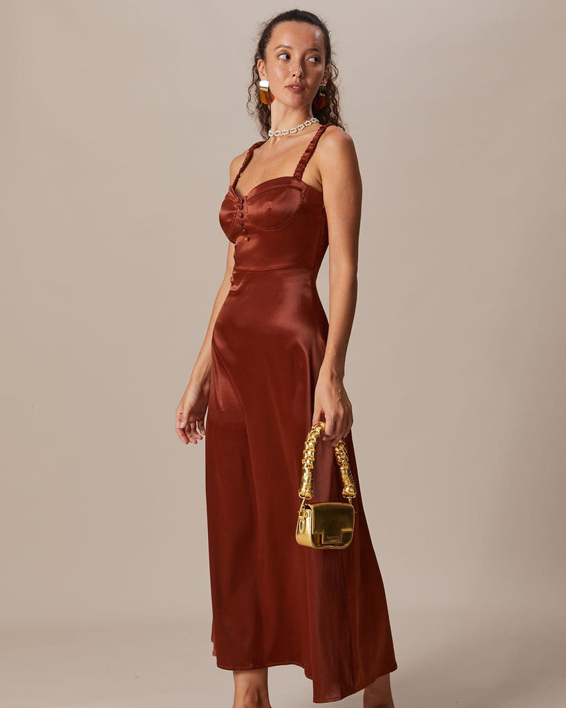 The Brown Sweetheart Neck Ruched Maxi Dress Dresses - RIHOAS