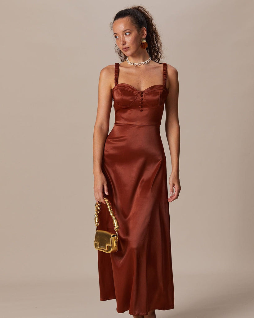 The Brown Sweetheart Neck Ruched Maxi Dress Dresses - RIHOAS
