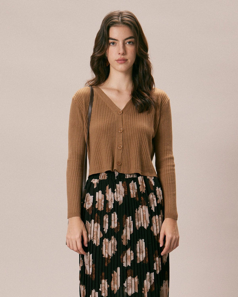 The Brown V Neck Solid Cardigan Brown Tops - RIHOAS