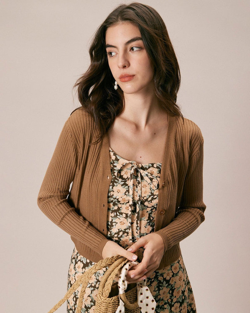 The Brown V Neck Solid Cardigan Tops - RIHOAS