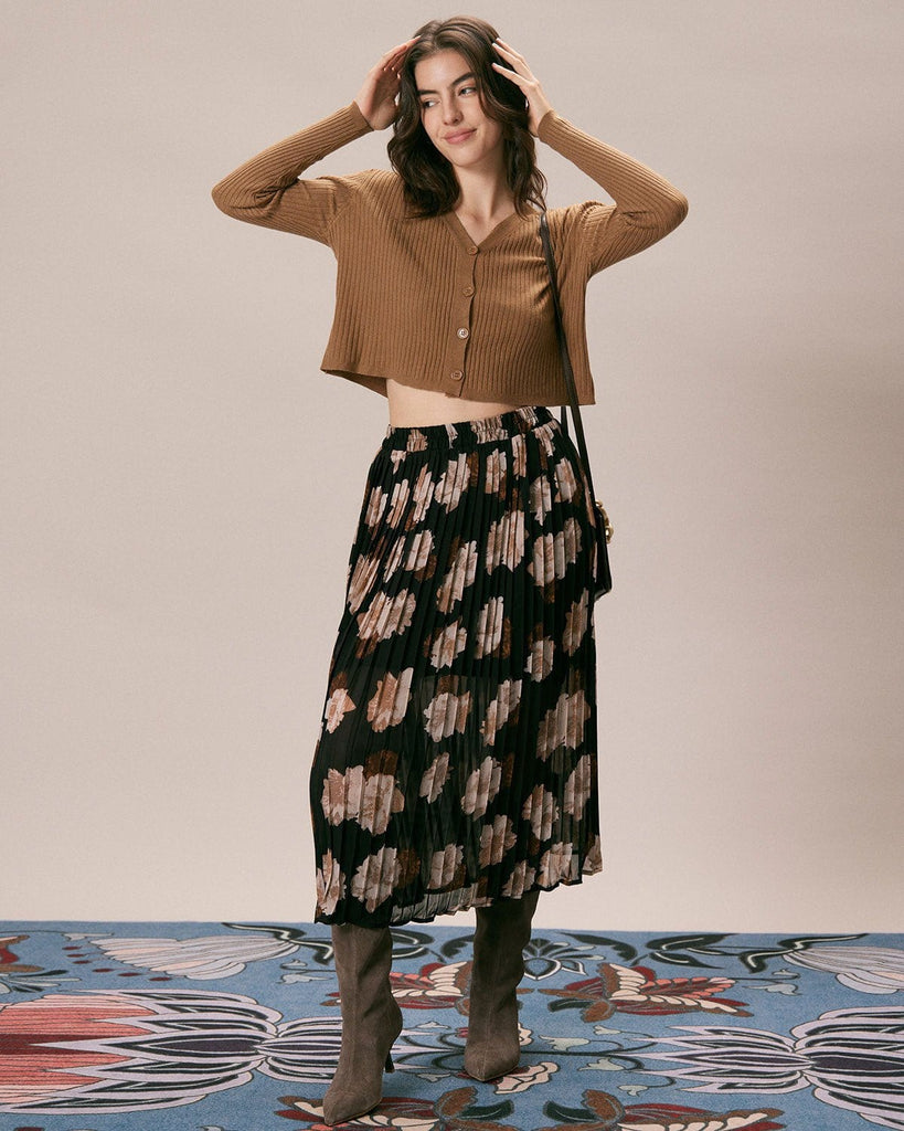 The Brown V Neck Solid Cardigan Tops - RIHOAS