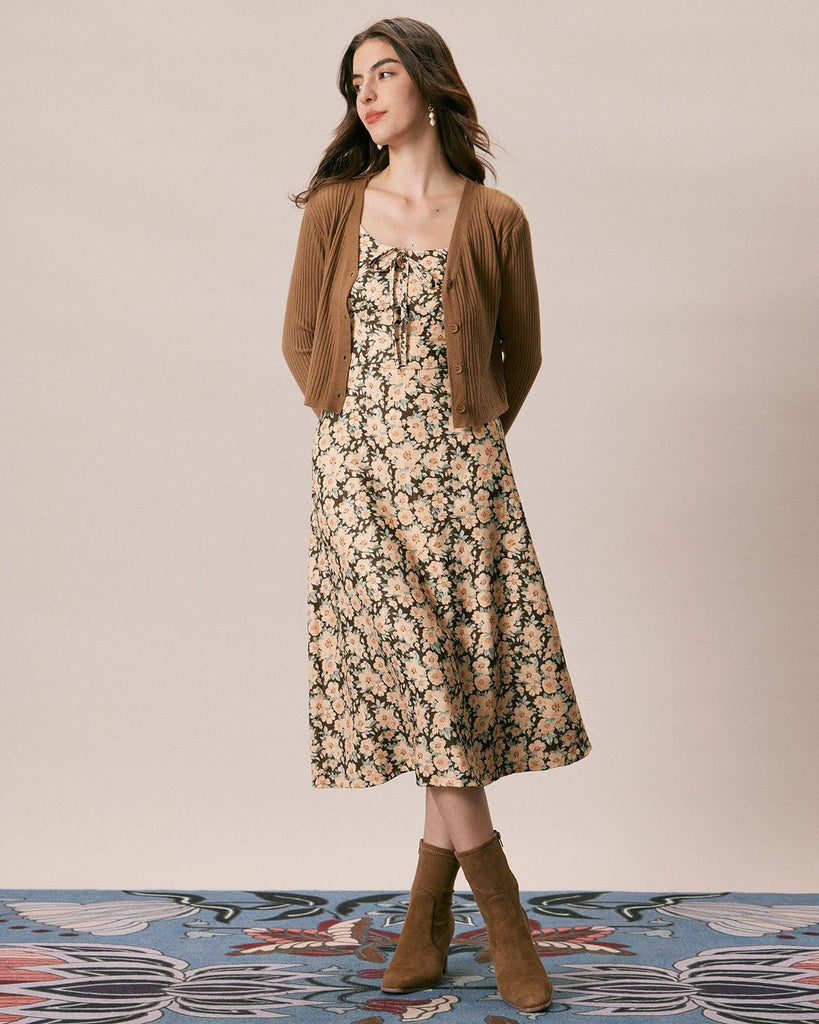 The Brown V Neck Solid Cardigan Tops - RIHOAS