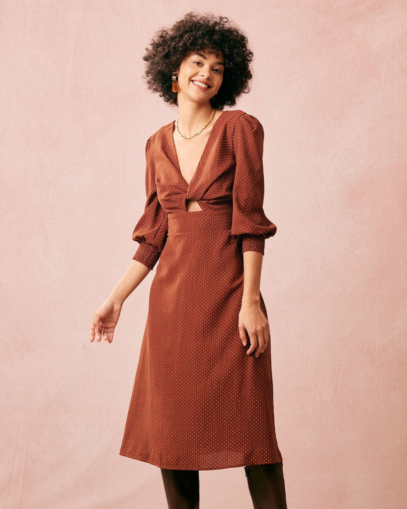 The Brown V-neck Twist Cutout Midi Dress Brown Dresses - RIHOAS