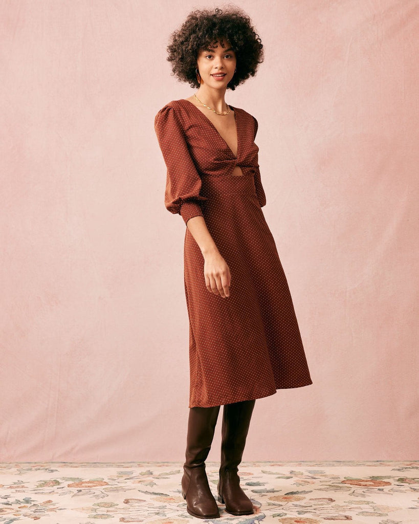 The Brown V-neck Twist Cutout Midi Dress Dresses - RIHOAS
