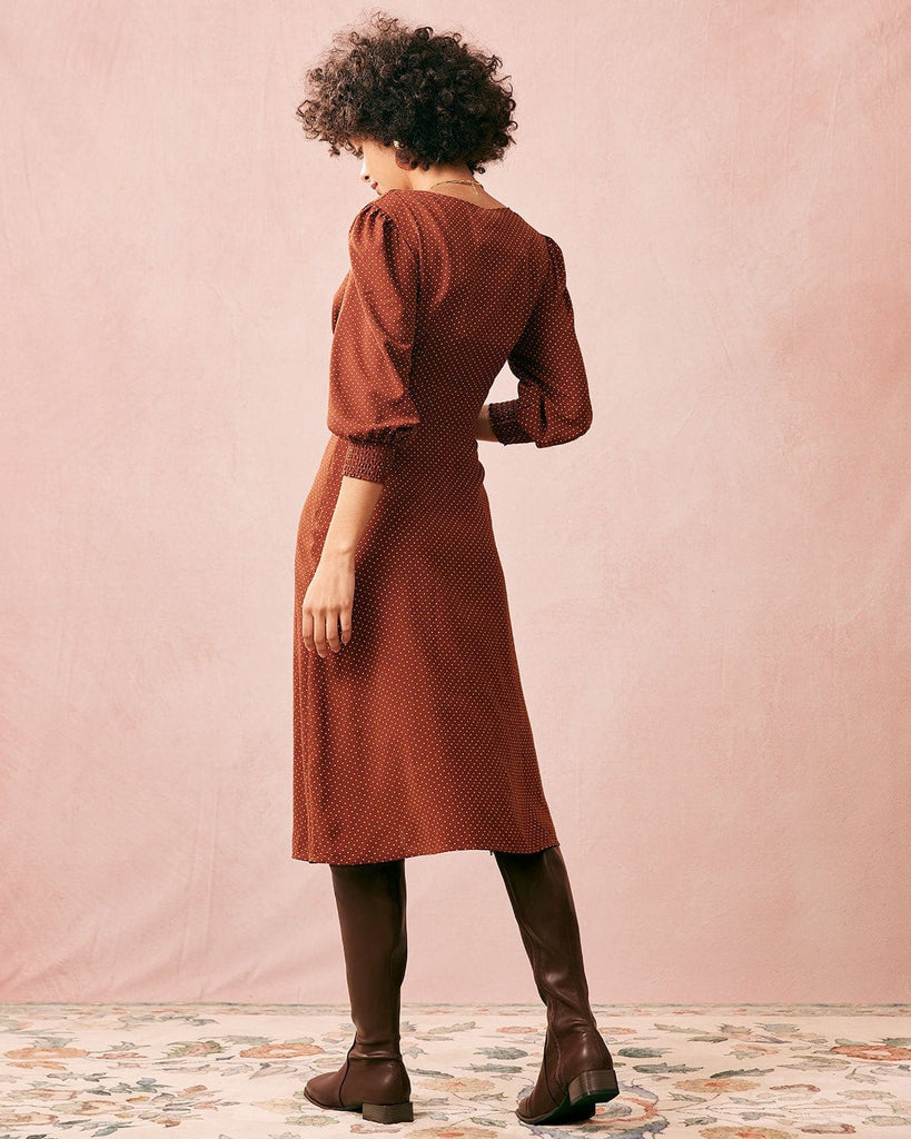 The Brown V-neck Twist Cutout Midi Dress Dresses - RIHOAS