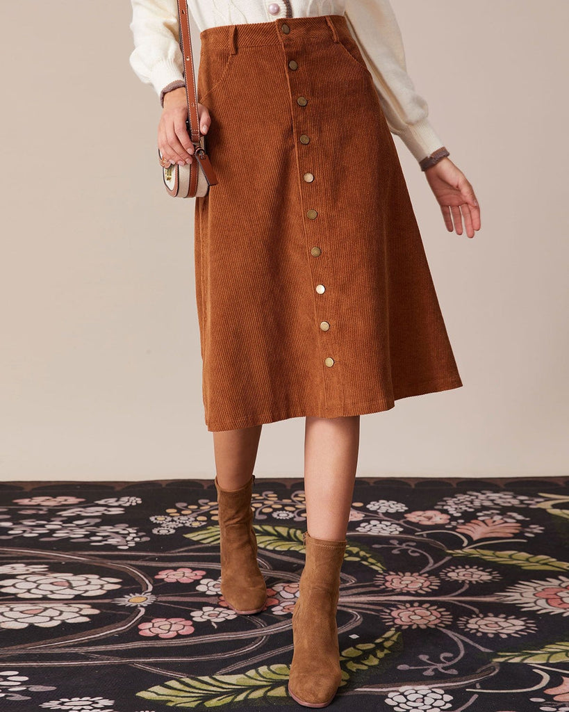 The Button-Front Corduroy Skirt Bottoms - RIHOAS