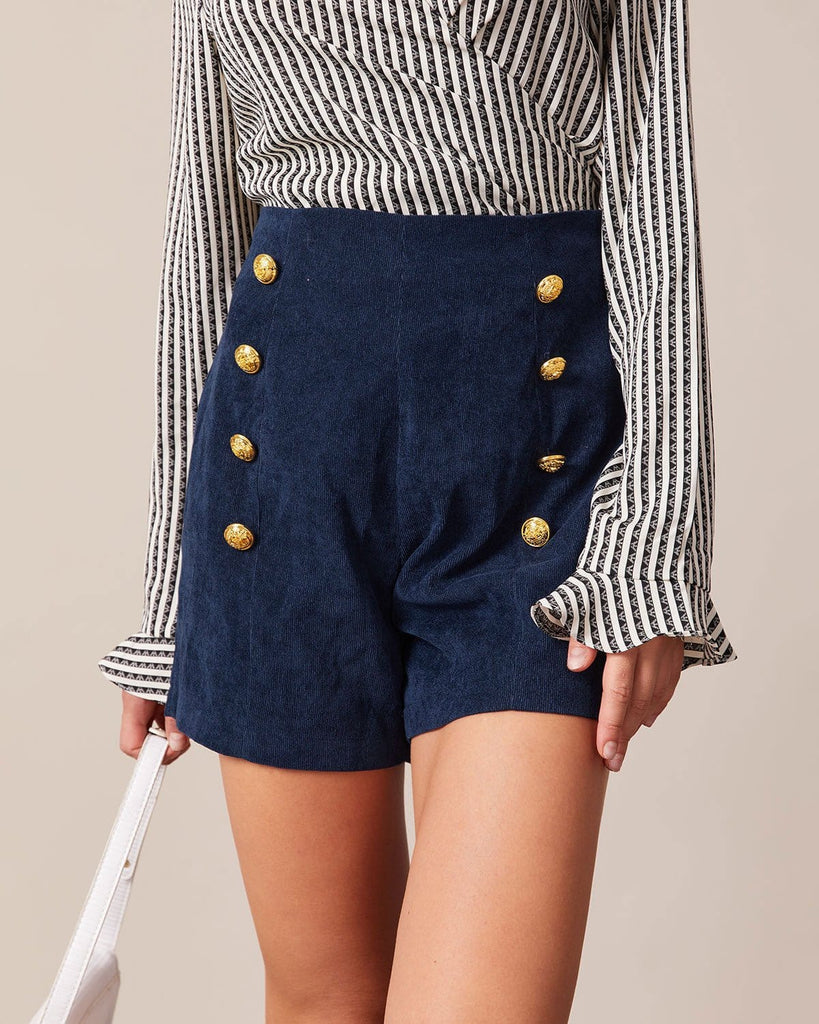 The Button Detail Corduroy Shorts Navy Bottoms - RIHOAS