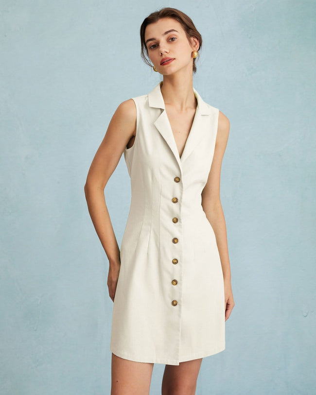 The Beige Lapel Button-up Sleeveless Mini Dress & Reviews - Beige - Dresses