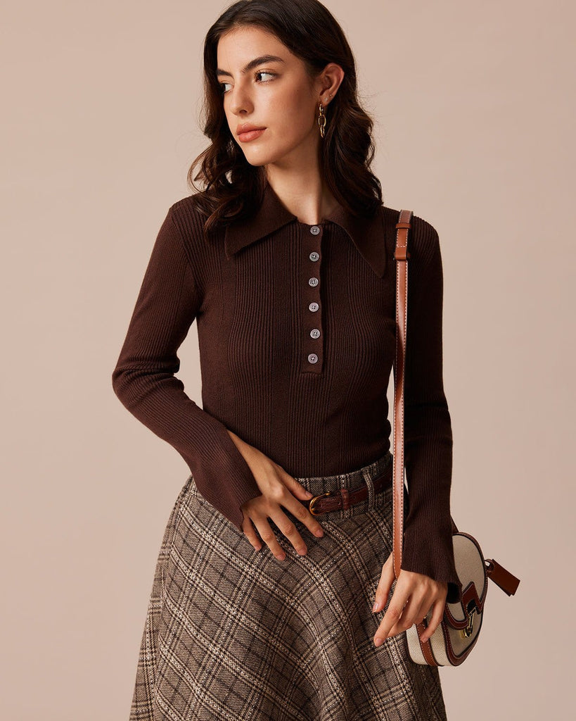 The Coffee Collared Button Knit Top Coffee Tops - RIHOAS