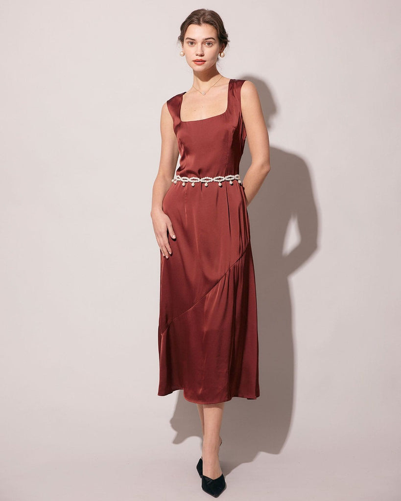 The Coffee Square Collar Satin Maxi Dress Dresses - RIHOAS