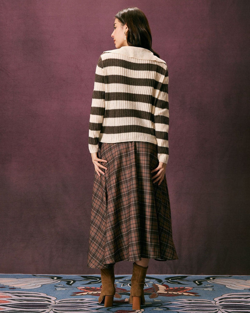 The Coffee Striped Collared Sweater Tops - RIHOAS