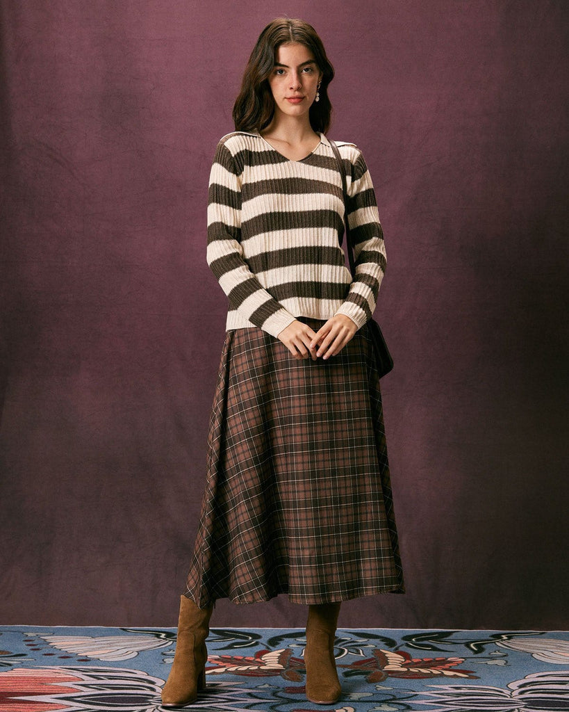 The Coffee Striped Collared Sweater Tops - RIHOAS