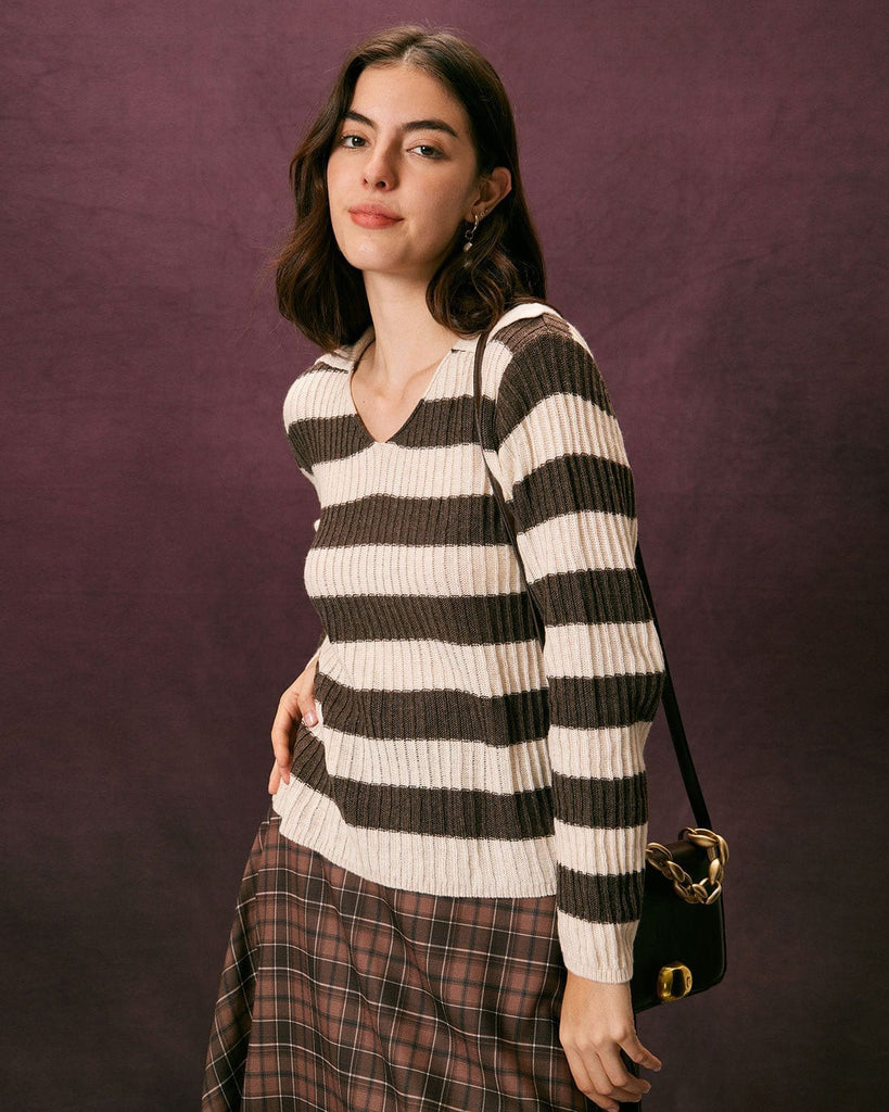 The Coffee Striped Collared Sweater Tops - RIHOAS