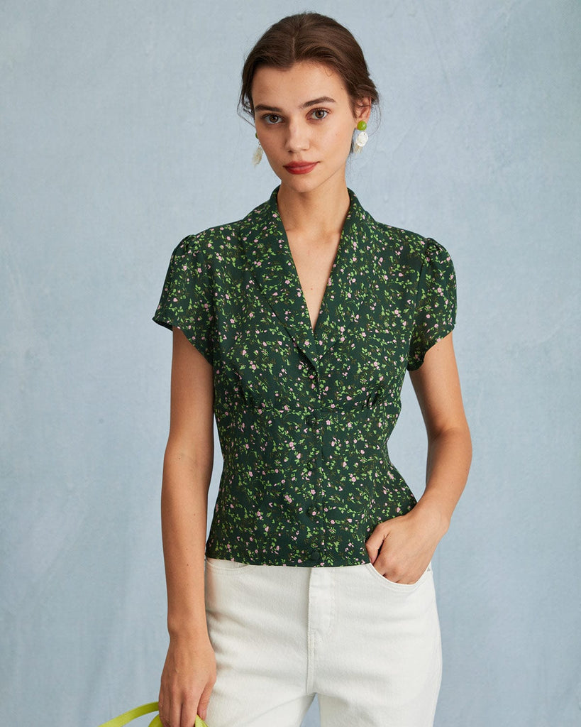 The Collared Floral Button Up Blouse Green Tops - RIHOAS