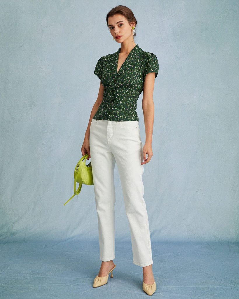The Collared Floral Button Up Blouse Tops - RIHOAS