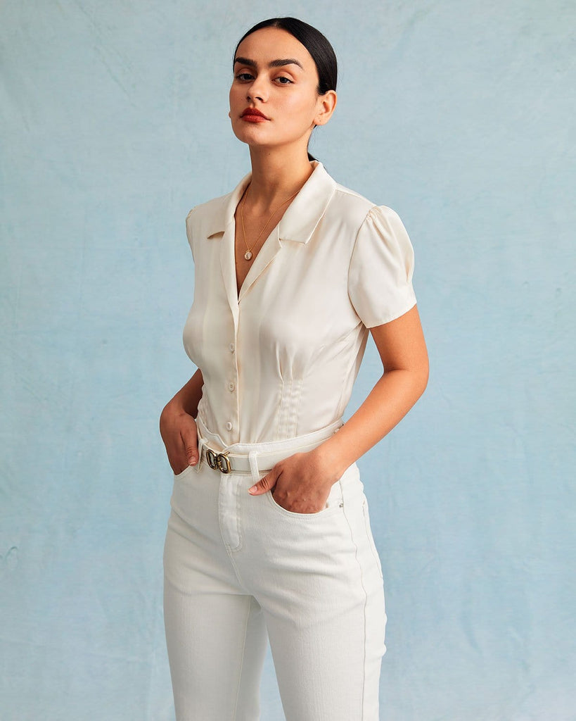 The Collared Pleated Button Blouse Tops - RIHOAS