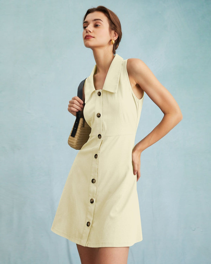 The Collared Sleeveless Shirt Dress Beige Dresses - RIHOAS