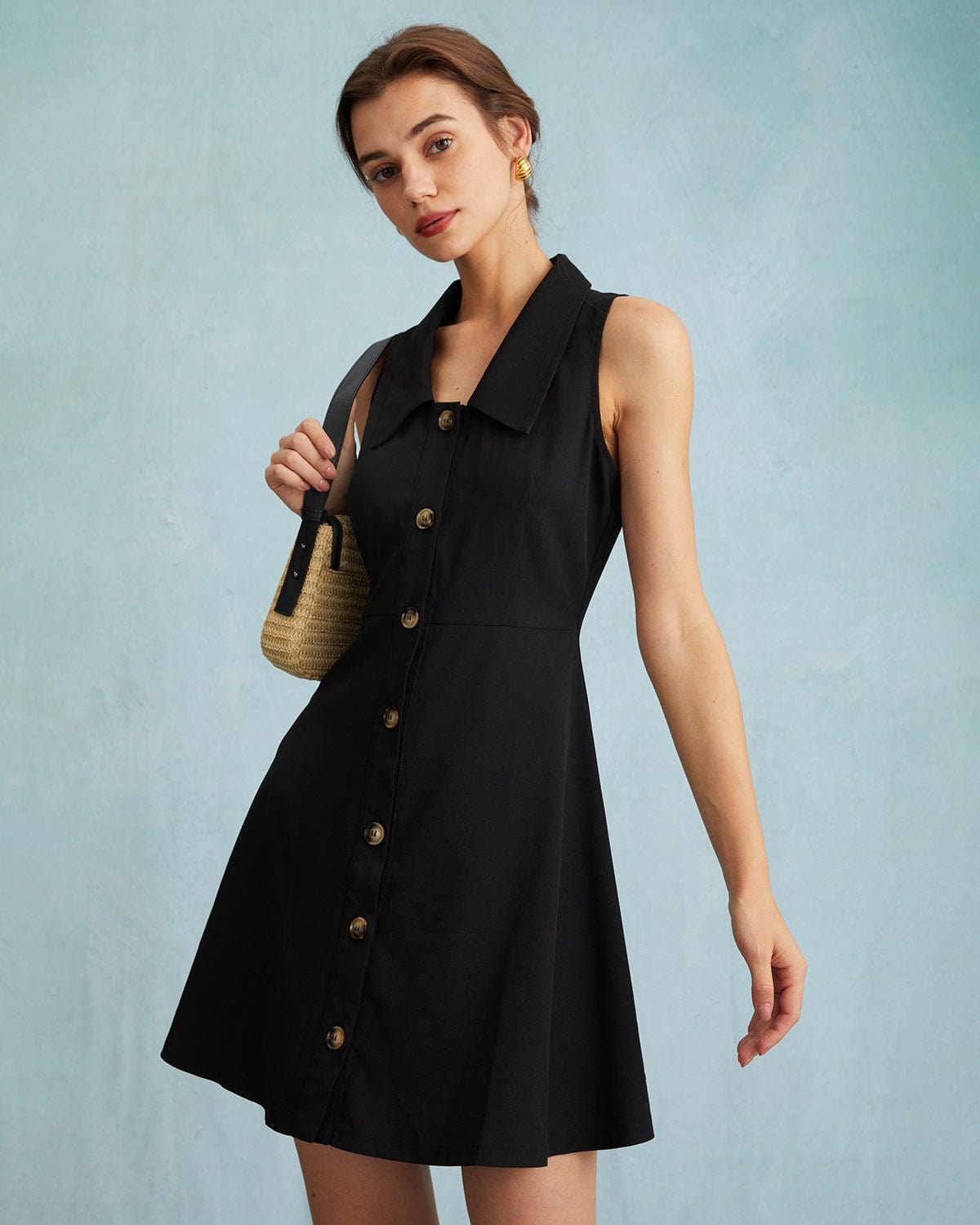 The Black Collared Sleeveless A Line Shirt Mini Dress - Black