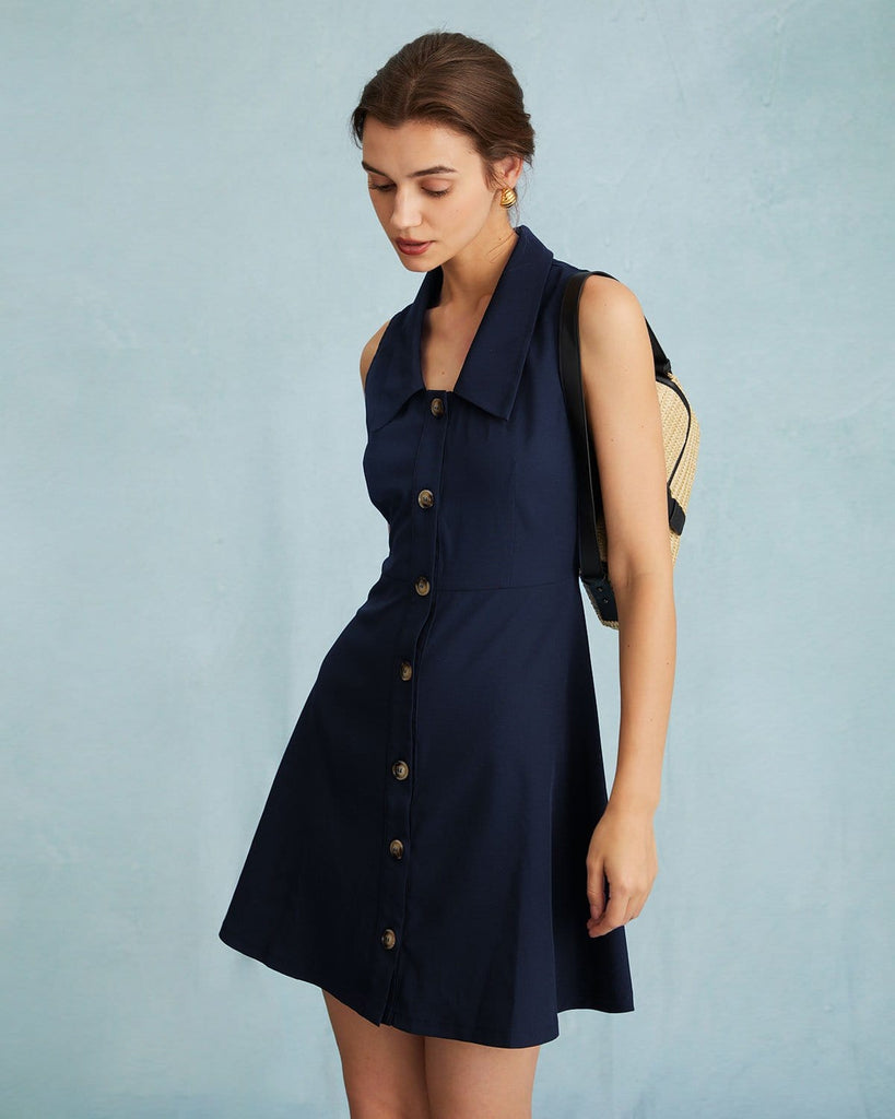 The Collared Sleeveless Shirt Dress Navy Dresses - RIHOAS