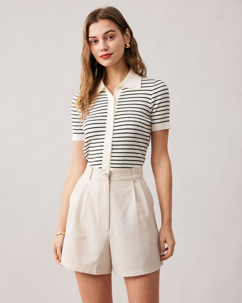 The Collared Stripe Knit Top White Tops - RIHOAS