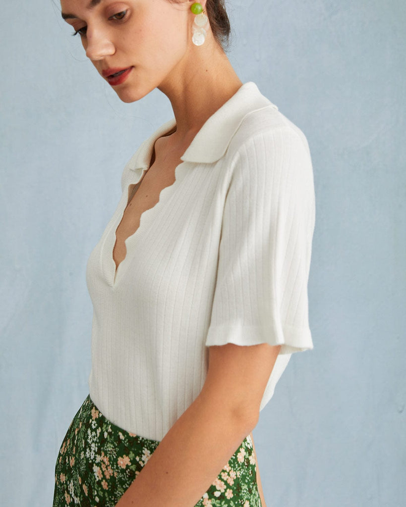 The Collared Wave Edge Knit Tee Tops - RIHOAS