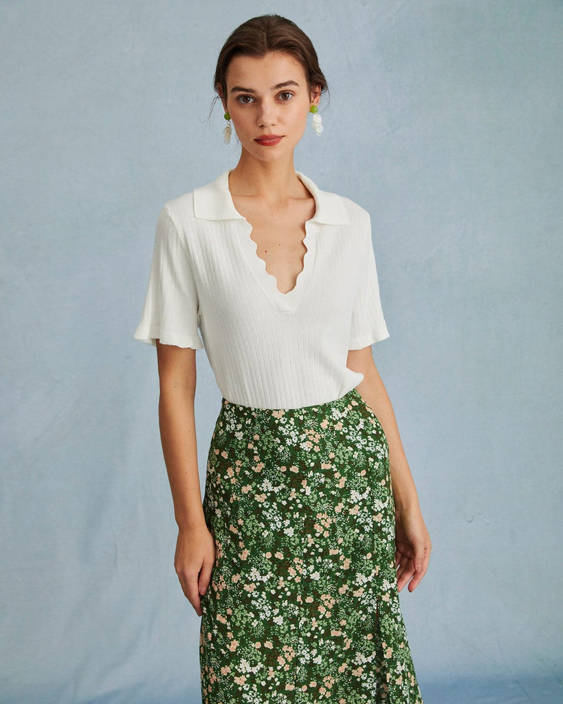The Collared Wave Edge Knit Tee White Tops - RIHOAS