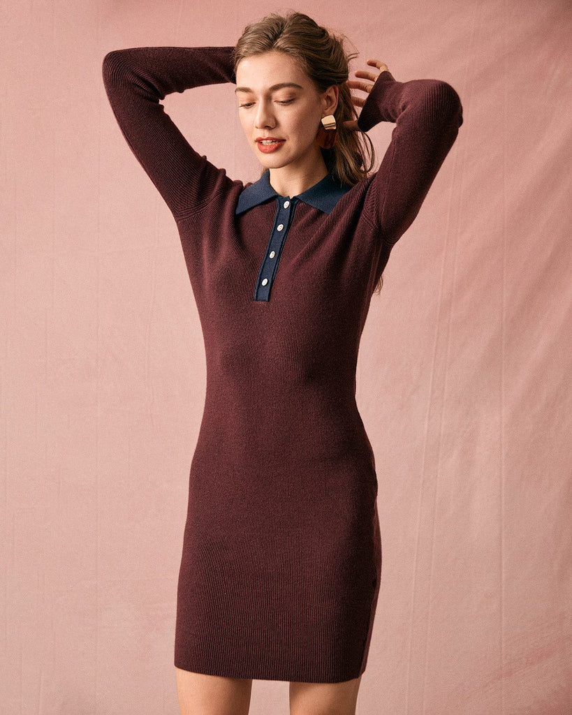 The Contrast Binding Button Front Sweater Dress Brown Dresses - RIHOAS