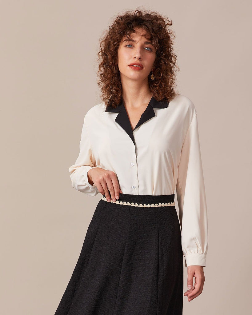 The Contrast Lapel Blouse Beige Tops - RIHOAS