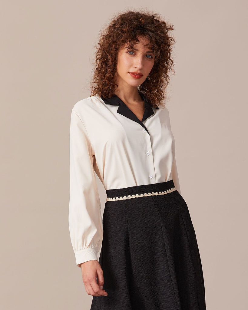The Contrast Lapel Blouse Tops - RIHOAS