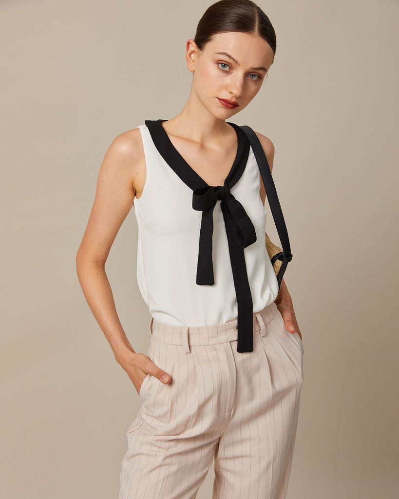 The Contrast Tie Neck Blouse White Tops - RIHOAS