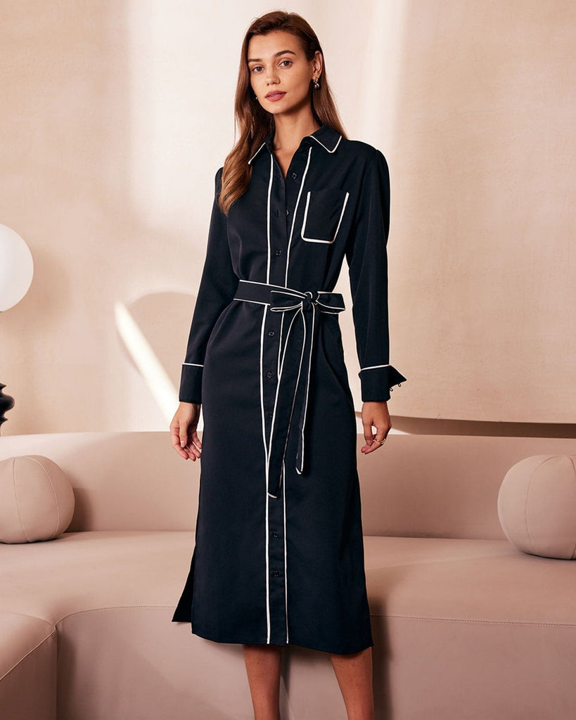 The Contrast Trim Belted Shirt Dress Black Dresses - RIHOAS