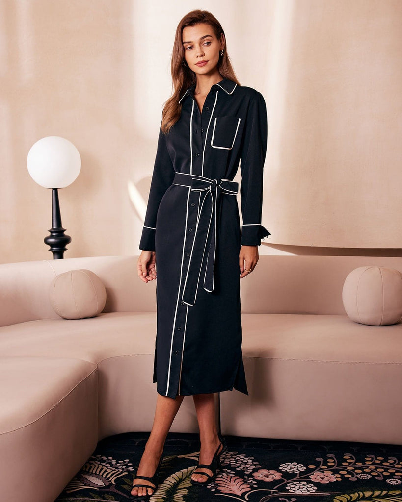 The Contrast Trim Belted Shirt Dress Dresses - RIHOAS