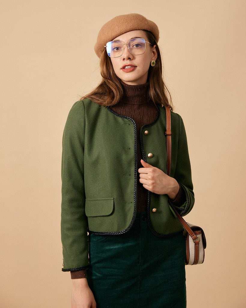 The Contrast Trim Flap Detail Jacket Green Outerwear - RIHOAS