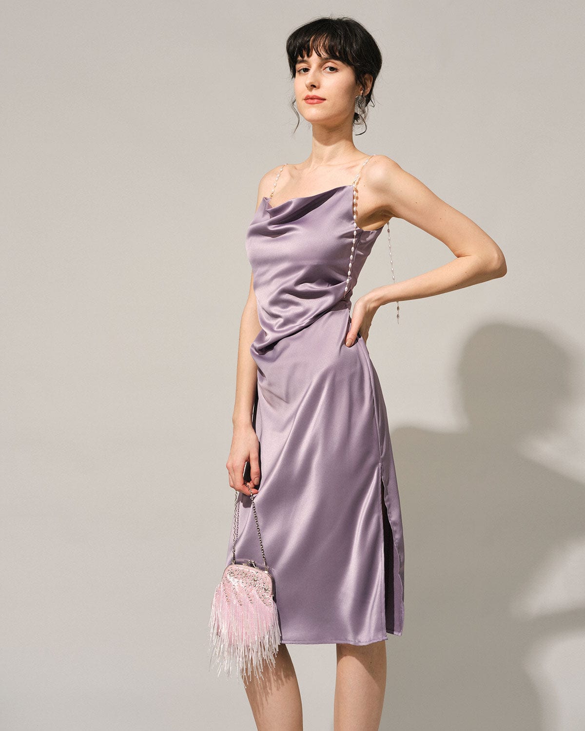 The Solid Cowl Neck Pearl Strap Midi Dress Cowl Neck Sleeveless Satin